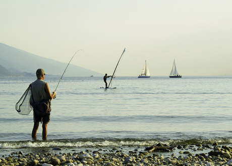 Windsurfers sailing boats and fisherman lake Garda photo